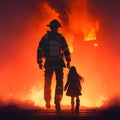 Fireman save a student girl from a fire. fireman team stand with your back Royalty Free Stock Photo