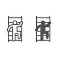 Fireman scaling ladder line and solid icon. Man on the stairs fire escape outline style pictogram on white background Royalty Free Stock Photo