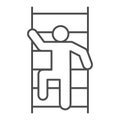 Fireman scaling ladder thin line icon. Man on the stairs fire escape outline style pictogram on white background Royalty Free Stock Photo