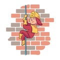 Fireman sliding down pole on brick wall background