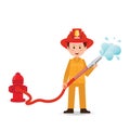 Fireman spraying a water hose on white background. Royalty Free Stock Photo