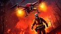 Fireman standing next to helicopter in front of blazing sky. Generative AI