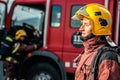 Fireman staring at fire in front of truck. Royalty Free Stock Photo