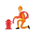 Fireman character in uniform and protective helmet, connecting water hose to fire hydrant