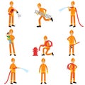 Fireman in uniform and protective helmet doing their job set, vector collection