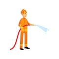 Fireman in uniform and protective helmet, holding hose extinguishing fire with water