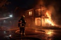 Fireman wearing professional uniform extinguish burning house