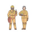 Fireman woman and man in professional protective suit. Vector illustration in line art style on white background.