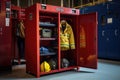 A firemans uniform is neatly stored in a red locker, ready to be donned at a moments notice, Locker in a fire station, housing