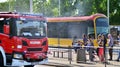 Warsaw, Poland. 4 June 2023. Firemen and burnt tram transport. Fire brigade action.