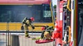 Warsaw, Poland. 4 June 2023. Firemen and burnt tram transport. Fire brigade action.