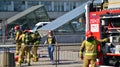 Warsaw, Poland. 4 June 2023. Firemen and burnt tram transport. Fire brigade action.