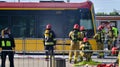 Warsaw, Poland. 4 June 2023. Firemen and burnt tram transport. Fire brigade action.