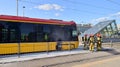 Warsaw, Poland. 4 June 2023. Firemen and burnt tram transport. Fire brigade action.