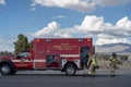 Firemen and emergency fire rescue vehicles Mojave desert town, Pahrump, Nevada Royalty Free Stock Photo