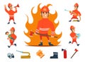 Firemen and equipments. Fireman profession working. Cartoon tools, children and fire, hose and hydrant isolated vector