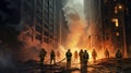 Firemen extinguishing burning skyscrapers no faces shown created with Generative AI: