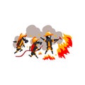 Firemen extinguishing fire with firefighting equipment, firefighter characters in uniform vector Illustration on a white