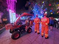 Firemen are holding their posts at the scene of the Huizhou West Lake Lantern Festival.