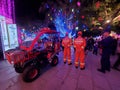 Firemen are holding their posts at the scene of the Huizhou West Lake Lantern Festival.