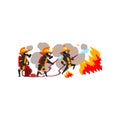 Firemen spraying water on fire, firefighter characters in uniform and mask at work vector Illustration on a white