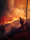 Firemen trying to put out the terrible fire in the forest. Uniformed firefighters struggling with wildfire. Generative AI Royalty Free Stock Photo