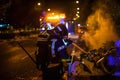 The firemen work in a night fire. Madrid Spain.