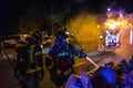 The firemen work in a night fire. Madrid Spain. Royalty Free Stock Photo