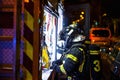 The firemen work in a night fire. Madrid Spain. Royalty Free Stock Photo
