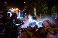 The firemen work in a night fire. Madrid Spain. Royalty Free Stock Photo
