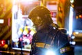 The firemen work in a night fire. Madrid Spain. Royalty Free Stock Photo
