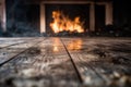 Fireplace of an abandoned living room house with vintage old wooden floor grunge retro background Generative AI Illustration