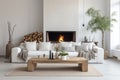 Fireplace against white sofa and rustic wooden coffee table. Scandinavian style home interior design of modern living room Royalty Free Stock Photo