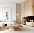 Fireplace against white sofa and rustic wooden coffee table. Scandinavian style home interior design of modern living room. Royalty Free Stock Photo