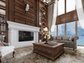 Fireplace area in American style living room with large white fireplace and wood wall above Royalty Free Stock Photo