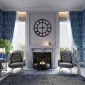 Fireplace area with two soft armchairs and a white fireplace with a designer large clock and two windows on the sides Royalty Free Stock Photo