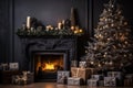 Background for New Year's greetings or Christmas. Fireplace and tree decorated with gifts, present boxes, candles. Royalty Free Stock Photo