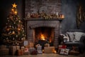 Background for New Year's greetings or Christmas. Fireplace and tree decorated with gifts, present boxes, candles. Royalty Free Stock Photo