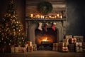 Background for New Year's greetings or Christmas. Fireplace and tree decorated with gifts, present boxes, candles. Royalty Free Stock Photo