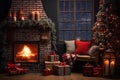 Background for New Year's greetings or Christmas. Fireplace and tree decorated with gifts, present boxes, candles. Royalty Free Stock Photo