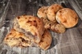 Fireplace Baked Leavened Pitta Flatbread Loaves With Slices Of Wholegrain Baguette Bread Set On Old Cracked Flaky Garden Table Royalty Free Stock Photo