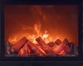 Fireplace with bright flames. Artificial decorative fireplace with imitation of fire. Modern technology for warmth and Royalty Free Stock Photo