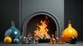A fireplace with a bunch of vases and a fire place. Generative AI image. Royalty Free Stock Photo