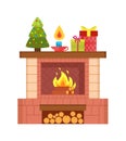 Fireplace with Burning Fire, Decorated Spruce Tree