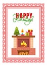 Fireplace with Burning Fire, Decorated Spruce Tree