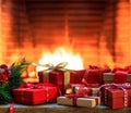 Fireplace burning wood logs, cozy warm home christmas gifts Royalty Free Stock Photo