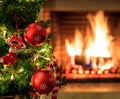 Fireplace burning wood logs, cozy warm home christmas time Royalty Free Stock Photo