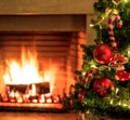 Fireplace burning wood logs, cozy warm home christmas time Royalty Free Stock Photo