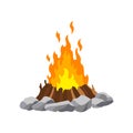 Fireplace campfire. Burning fire travel and adventure symbol. Vector bonfire or woodfire in cartoon flat style. A