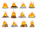 Fireplace campfire different types. Burning wood collection, travel and adventure symbol. Vector bonfire or woodfire in